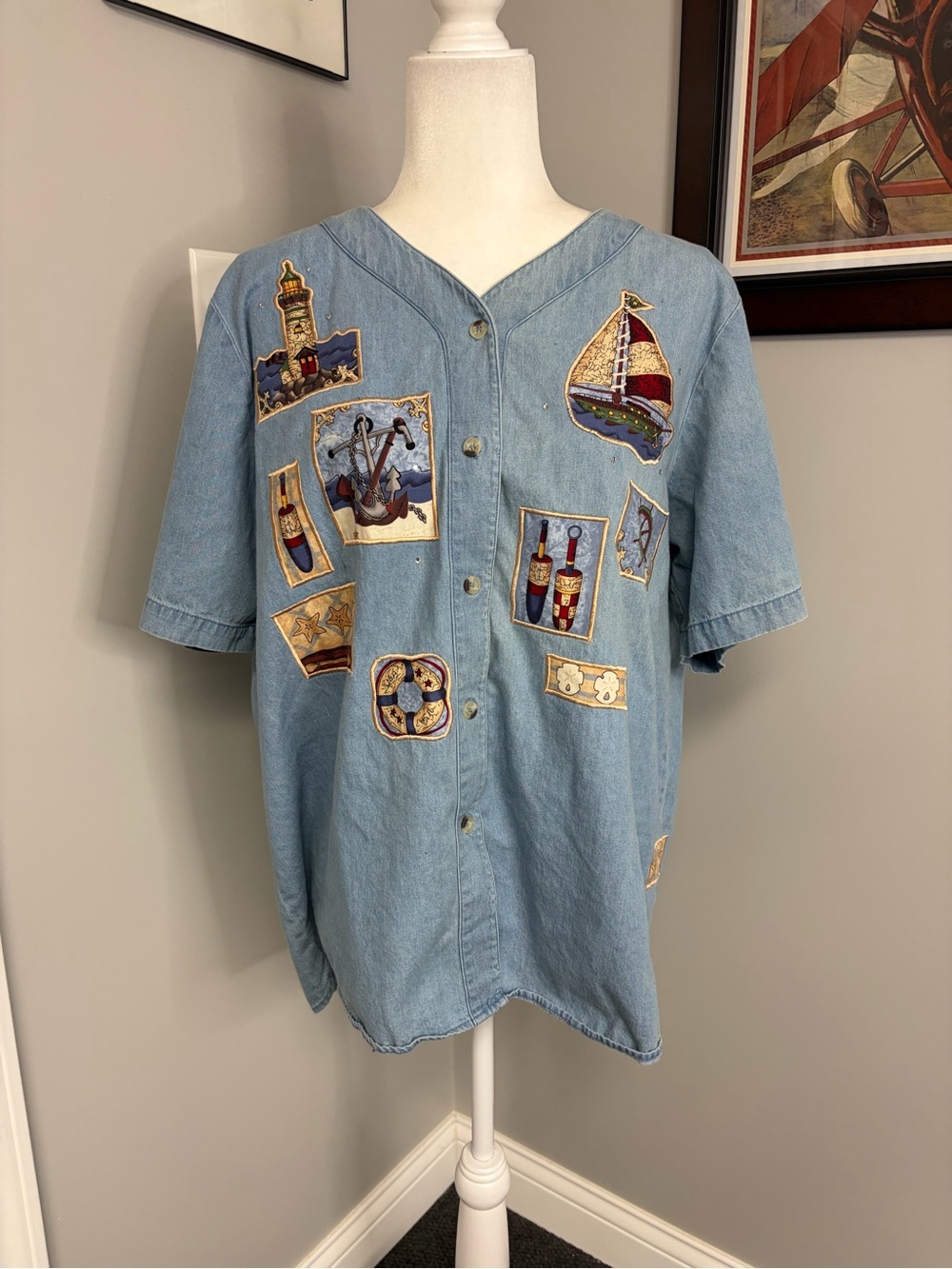 Vintage Quacker Factory womens nautical baseball button up shirt sailboats denim